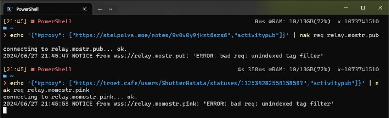 #吐槽The #strfry doesn't seem to index proxy tags, so I can't check Mostr.pub and Momostr.pink for mirror events corresponding to #Fediverse posts.via Nostr@cxplay