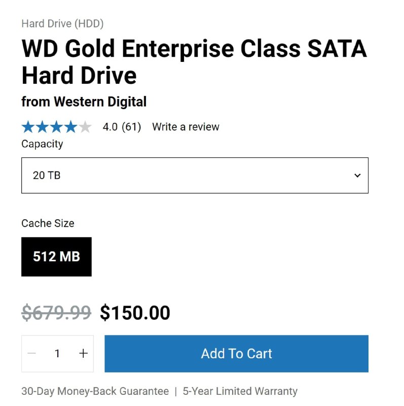 WD官网 20TB $150