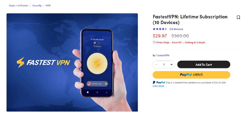 FastestVPN Lifetime 订阅只要 $29.97FastestVPN 又又又打折了, 这次是三十刀, 无法使用额度和优惠券.