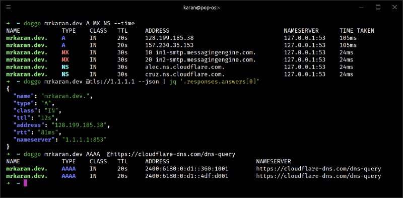 又一个 DNS 调试工具: doggo相比于 AdGuard 的 CTO 开发的 dnslookup, 同样是 Golang 的情况下能够提供更美观易读的结果, 并且能够将解析结果输出为 JSON. 但缺点目前来看就是暂时不支持作为 ECS 传递子网解析 EDNS.● GitHub: 