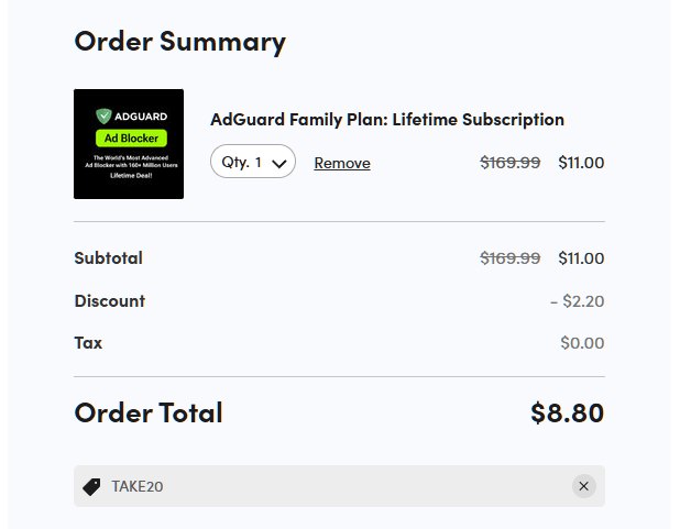 AdGuard 家庭版史低销售在 StackSocial 进行, 现价 US$11, 继续使用折扣码 TAKE20 再打八折, 结算后为 US$8.8, 约合人民币 60.7 元.● 下单地址: StackSocial (aff)● 注册 StackSocial 并获得 $10 余额: cx.ms/stacksocial#折扣 #AdGuardvia @cxplay@sir.social