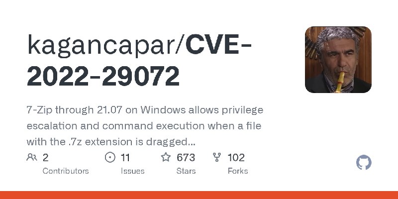 GitHub - kagancapar/CVE-2022-29072: 7-Zip through 21.07 on Windows allows privilege escalation and command execution when a file…