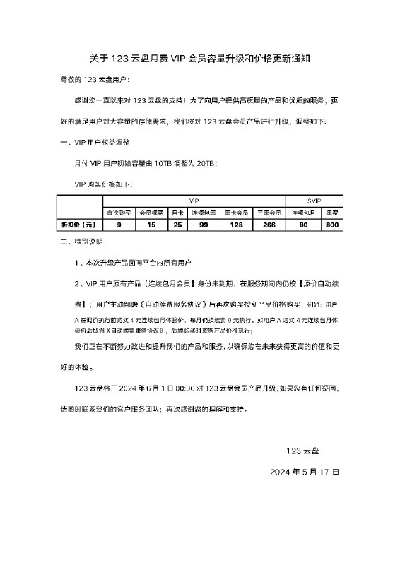 123云盘调整月付 VIP 价格与权益5 月 17 日, 123云盘官方发布公告称 6 月 1 日将调整月付 VIP:● 月付首购价格从 4 元提升至 9 元[^1].● 单次购买月付价格从 15 元提升至 25 元.● 月付会员若继续续费, 则续费价格为 15 元(原 9 元).● 月付会员空间容量权益从 10T 上调至 20TB, 与年付和三年付 VIP 权益对齐.VIP 年付和三年付价格无变化, SVIP 月付和年付价格无变化. 在 6 月 1 日调整前未解除自动续费协议的会员用户依旧按照旧定价执行续费.[^1]: 不清楚 