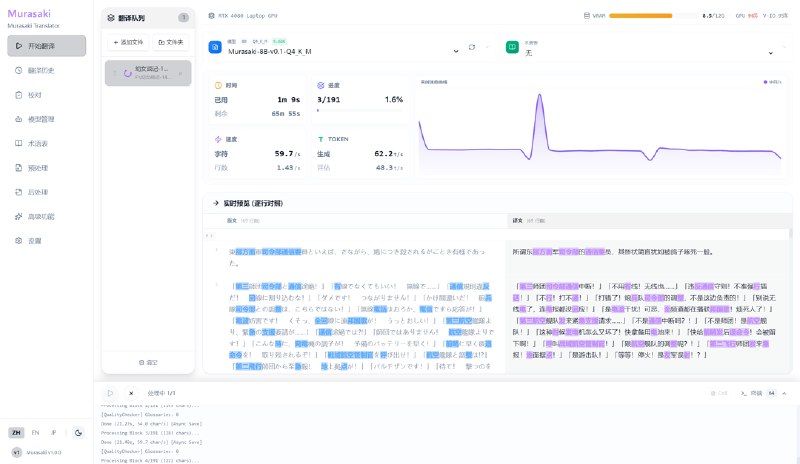 Murasaki 日译中 ACGN 领域特化模型「Murasaki 系列模型 是针对 ACGN 领域特化微调的翻译模型，其训练数据中 90% 以上为高质量的段落级长文本