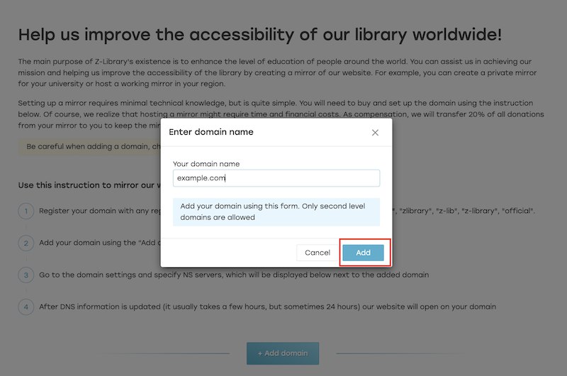#吐槽Z-Lib 支持绑定自定义的域名了 :bili_fantastic: quotingnevent1q…9ypjHello 😉At Z-Library, we make knowledge accessible worldwide. Sometimes our main domains are unavailable due to technical or access issues. To improve access, we add new addresses and offer a desktop app for stability. Now, we provide custom mirrors—exact copies of the site at different addresses.Mirrors support personal, university, and community use, enhancing resilience. To add your mirror use this link [