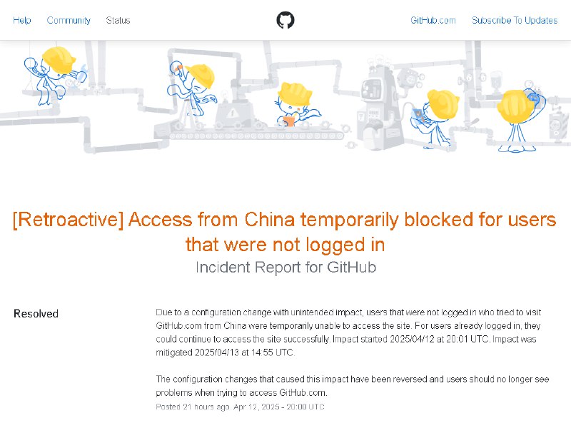 GitHub Status - [Retroactive] Access from China temporarily blocked f…
