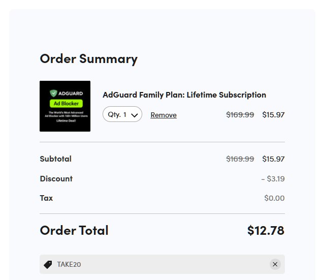 AdGuard 家庭版史低销售在 StackSocial 进行, 现价 US$15.97, 继续使用折扣码 TAKE20 再打八折, 结算后为 US$12.78, 约合人民币 88.3 元.● 下单地址: StackSocial (aff)● 注册 StackSocial 并获得 $10 余额: cx.ms/stacksocial#折扣 #AdGuardvia @cxplay@sir.social