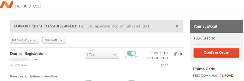 NameCheap 以 US$0.2 购买一年域名: .online, .site, .store登录账户, 使用折扣码 FREEDOMAIN26 结算获取优惠.source: PK个人频道 (Telegram)#域名 #折扣via @[email protected]