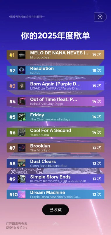 #吐槽In reply to nevent1q…6n0q_________________________今年的年度歌手是 Purple Disco Machine, 不得不说的是网易云的日推是越来越烂了, 这会员我都得开始考虑一下要不要继续续费, 已经有大约 40% 的音乐播放次数已经转移到了本地播放器.via Nostr@cxplay#吐槽In reply to nevent1q…6n0q_________________________今年的年度歌手是 Purple Disco Machine, 不得不说的是网易云的日推是越来越烂了, 这会员我都得开始考虑一下要不要继续续费, 已经有大约 40% 的音乐播放次数已经转移到了本地播放器.via Nostr@cxplay