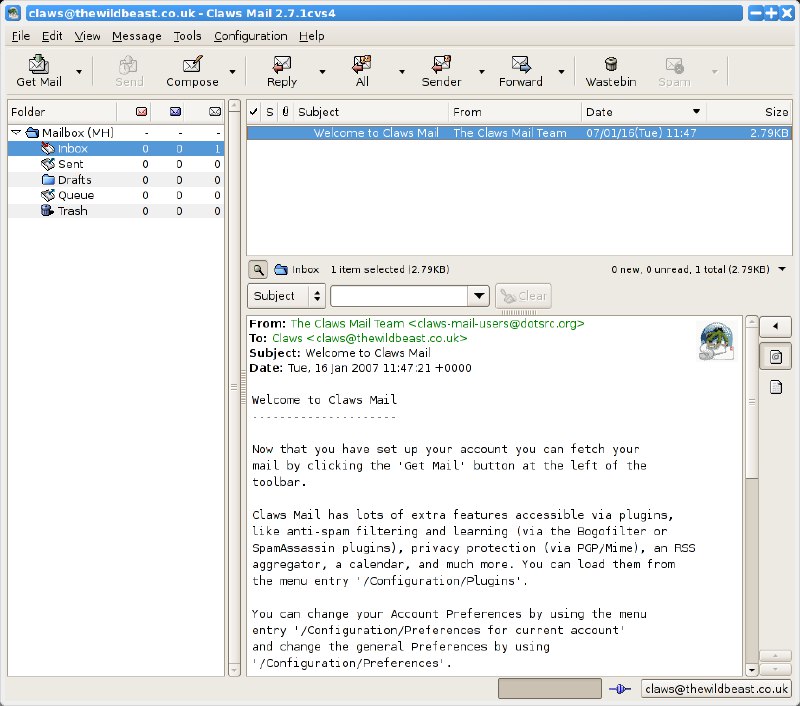 #吐槽In reply to nevent1q…cuh8_________________________Claw Mail 也是个可以考虑的选择, 历史比 Thunderbird 还要久远, 是 GPL 开源的 C & GTK 软件, 全平台支持.界面非常古典, 有种上世纪八十年代的感觉, 感觉随时都能发出 ADSL 拨号的声音.PS: Windows 下面也要通过环境变量设置界面语言, 但是我不管怎么设置都没办法调成中文, 很奇怪.via Nostr@cxplay
