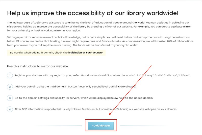 #吐槽Z-Lib 支持绑定自定义的域名了 :bili_fantastic: quotingnevent1q…9ypjHello 😉At Z-Library, we make knowledge accessible worldwide. Sometimes our main domains are unavailable due to technical or access issues. To improve access, we add new addresses and offer a desktop app for stability. Now, we provide custom mirrors—exact copies of the site at different addresses.Mirrors support personal, university, and community use, enhancing resilience. To add your mirror use this link [
