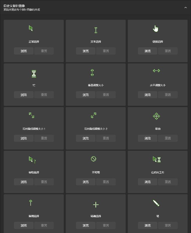 #吐槽In reply to nevent1q…9x77_________________________用 SVG 重置了一直在用的这套来自纳西妲灵感元素设计的指针[1], 之前一直都忍了位图指针的大锯齿, 现在直接覆盖了 Windows 内置的矢量指针, 这下可以随便缩放都不会糊了.排除掉角色主题, 这套指针也难得是目前找到的顺眼的绿色指针, 很醒目又不违和, 黑白/纯黑多少是很无聊. 我的 PC 上为数不多的个性化, 只有壁纸和这个指针了.[1]: 