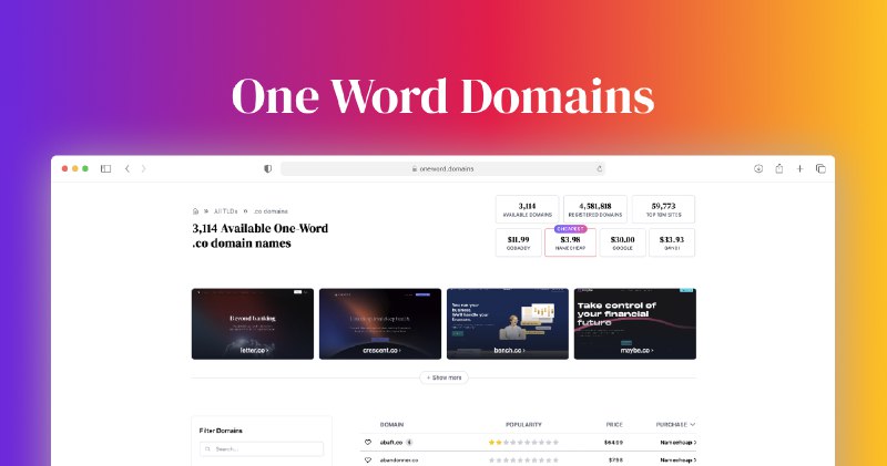 One Word Domains - Database of 1,381,826 available and brandable one-word domains