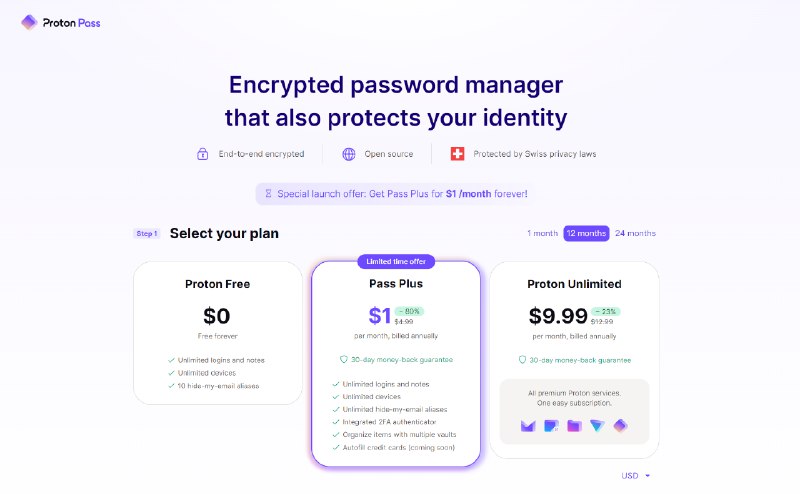 Proton Pass 测试结束: 推出永久 $1 每月的 Pass Plus 订阅特殊优惠Proton Pass 是 Proton 推出的一个密码管理器服务, 最近结束了功能测试进入正式服务.结束测试的第一件事就是提供了支持终生续订的 $1 每月的 Pass Plus 订阅, 订阅功能相比免费版新增:● 无限电子邮件别名● 2FA 身份验证器集成● 多密码库● 自动信用卡填充 (未来)