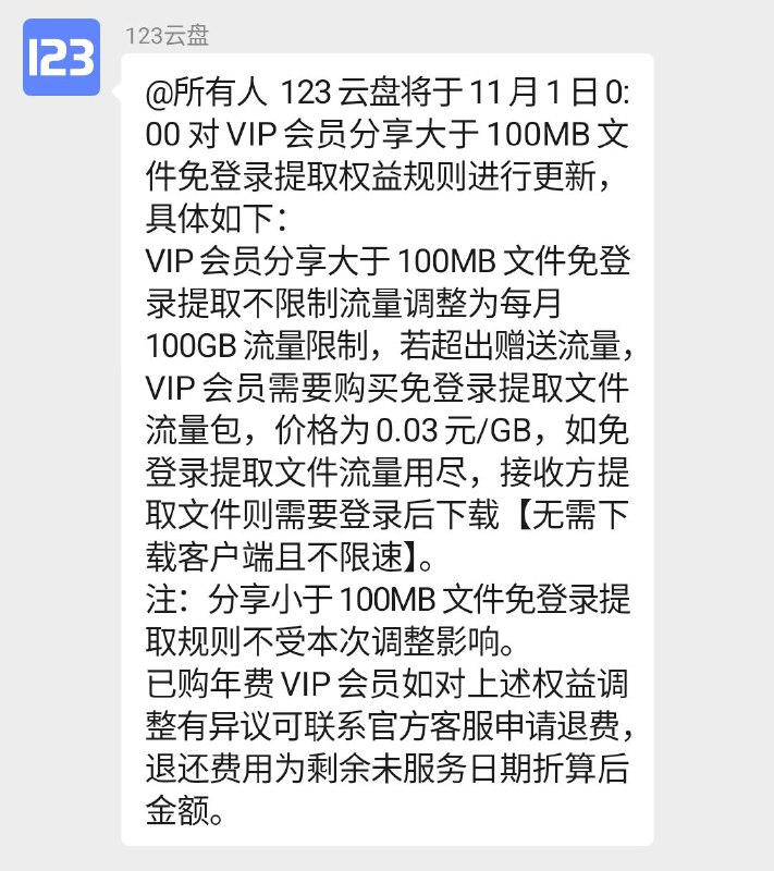 123云盘再次修改免登录下载规则:123云盘将于11月1日0:00对VIP会员分享大于100MB文件免登录提取权益规则进行更新，具体如下： VIP会员分享大于100MB文件免登录提取不限制流量调整为每月100GB流量限制，若超出赠送流量，VIP会员需要购买免登录提取文件流量包，价格为0.03元/GB，如免登录提取文件流量用尽，接收方提取文件则需要登录后下载【无需下载客户端且不限速】