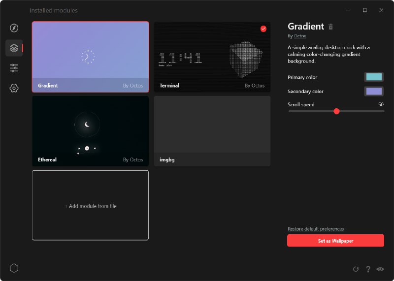 Octos - 一个 HTML 动态壁纸引擎尚处于开发阶段, 支持 Windows 平台, 提供 API 支持写入, 访问系统和有限地与系统交互(媒体控制). 支持命令行使用, GUI 使用 Electron 构建.当前版本(v1.0.1)不支持多显示器, 但这个功能已处于计划中(#1).● GitHub: 