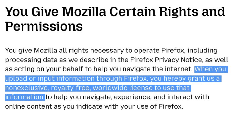 #吐槽⏭️unMozilla-Firefoxquotingnevent1q…ksf4Wait, what? By using #Firefox, I now grant Mozilla 