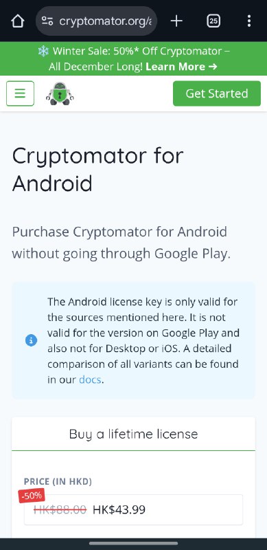 Cryptomator 十二月折扣: 涨价前最后一周开源文件系统加密软件 Cryptomator 本月举行全场 50% 折扣活动, 宣布明年基准价格将从 €9.99 翻倍至 €19.99, 因此这也是涨价前的最后七天折扣活动时间.主要付费项目包括:● 支持者证书: 捐赠回馈, 可用于解锁 Cryptomator 桌面版客户端深色模式, 实际功能与无支持者证书没有区别.● 移动版许可: 用于移动版解锁使用, Android 与 iOS 独立.购买攻略对于 Android 版本, 该类应用建议在网站上购买离线激活许可而不是前往 Google Play 购买, 在网站上切换设备 IP 至香港地区通过港元付款, 叠加折扣后价格可低至 HK$43.99 (≈CN¥40), 相比人民币价格更低. 对于桌面版支持者证书依然可实行相同操作, 但由于支持者证书实际不提供额外功能, 建议量力而行.● Android 购买: 