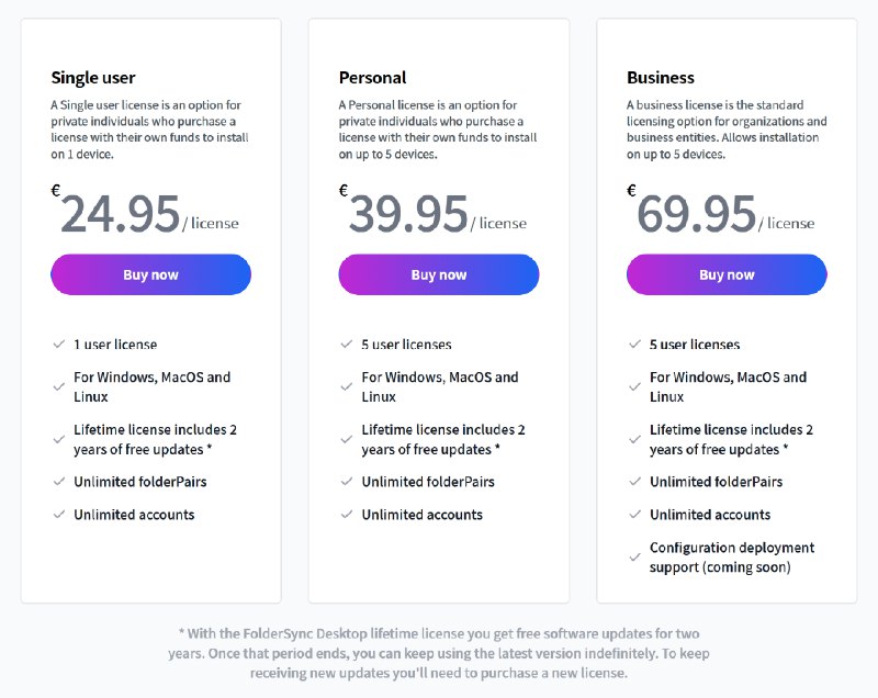 #FolderSync 许可证定价已公布:● 单用户: 24.95€/许可● 个人(5 设备): 39.95€/许可● 商业(5 设备): 69.95€/许可 (额外提供软件部署支持)所有许可提供两年免费更新.
