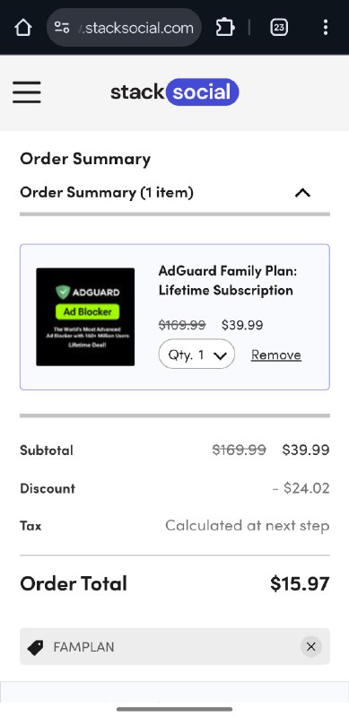 AdGuard 家庭版平史低 & VPN 捆绑包史低● AdGuard 家庭版(九设备), 使用折扣码 FAMPLAN 后 US$15.97, 平史低: StackSocial (aff)● AdGuard 家庭版(九设备) & AdGuard VPN (十设备) 五年订阅捆绑包, 使用折扣码 REV31后 US$24.13, 史低: StackSocial (aff)捆绑包历史参考: AdGuard 终身家庭版 & AdGuard VPN 五年订阅捆绑包折扣, US$24.48 (2025.12.05)● 注册 StackSocial 并获得 $10 余额: cx.ms/stacksocial#折扣 #AdGuardvia @cxplay@sir.social