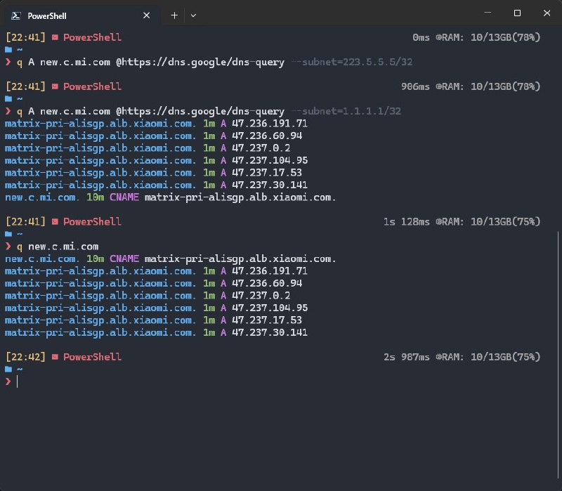 q - 又一个 DNS 客户端和调试工具使用 Go 语言编写, 功能齐全, 各种 DNS 特性支持齐全(包括 EDNS), 支持加密 DNS 协议, 命令行查询语法简洁易用, 默认输出结果通用清晰简洁, 也支持输出结果为 JSON 和 YAML. 不设置查询服务器的情况下默认使用 Cloudflare 的 DoH DNS 进行查询, 众所周知, Cloudflare DNS 不支持 EDNS, 所以要进行 ECS 调试需要手动指定 DNS 服务器或者修改配置文件.除了 Go, 开发者也提供 apt, yum 和 brew 仓库源以及安装指南: 