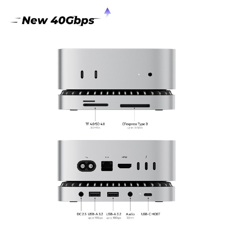 #吐槽好东西, 雷电4的 Mac mini 底座扩展坞, 40Gbps 版本, 带 2280 硬盘位(尺寸向下兼容), ￥269 包邮.目前这个 SKU 在海外卖 US$99, 国内也有少量在售的小店铺, 参考某些雷电4的 NVMe 硬盘盒起步就要 200+, 269 这个价格还算合适, 不过这一大坨 CNC 铝和特殊形态使用范围是有点太局限了, 只适合有 Mac mini 的人买.