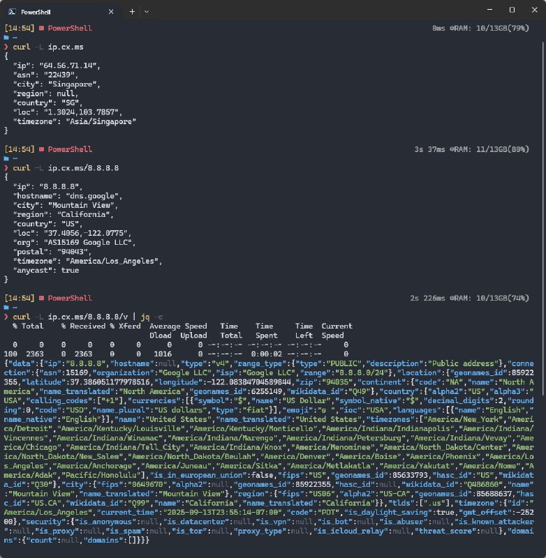 #吐槽In reply to nevent1q…y8wz_________________________统一到了一个查询端点 ip.cx.ms, 用法如图.PS: 根路径其实是重定向到 header 上的.via Nostr@cxplay