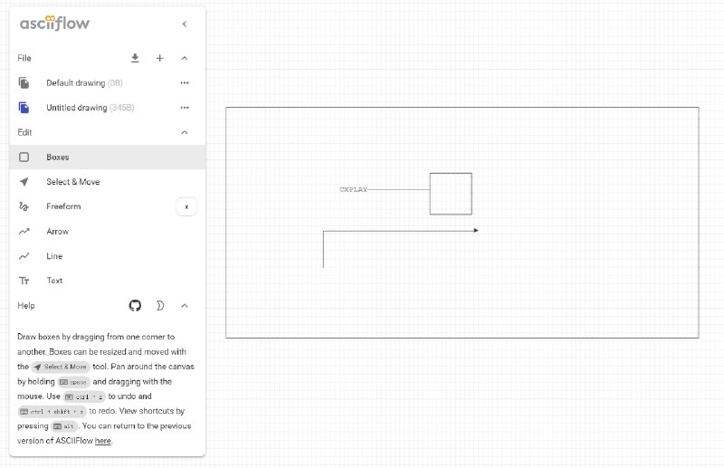 ASCIIFlow - 一个在无限画布上绘制并生成 ASCII 艺术的工具在无限画布上绘制和移动基本元素(形状, 线段, 箭头, 直线和文本), 然后生成 ASCII 艺术, 导出(复制)到剪贴板.主页: 