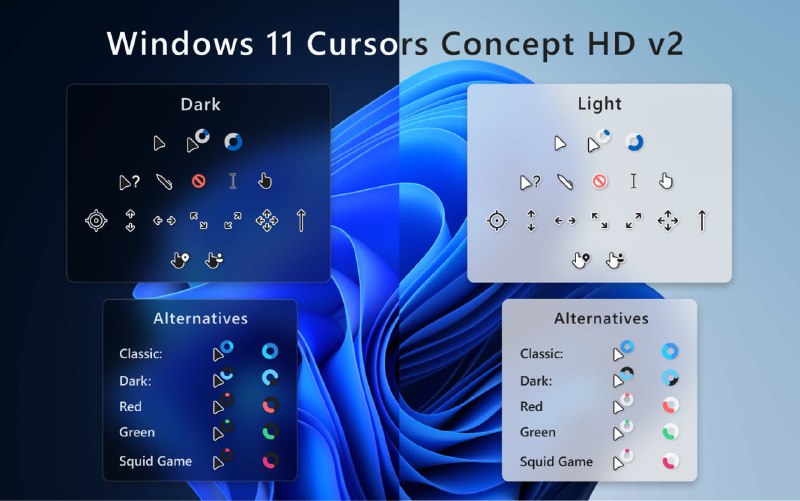 Windows 11 Cursors Concept v2一个 Windows 11 设计风格的鼠标指针,如果喜欢还可以去购买高级版(2欧元)支持作者, 获得下方对应的多彩备选方案(Alternatives).Windows 11 Cursors Concept v2 (免费版)Windows 11 Cursors Concept HD v2 | Ko-fi (高级版)#backup #windows