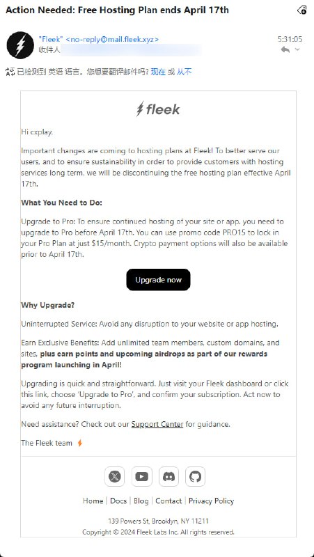 Fleek 即将取消免费托管计划Fleek 是以静态网站和 IPFS 及链上托管服务为主的新兴服务商, 首次启动于 2022 年 11 月 30 日, 至今仍然处于 Beta 状态.一直以来 Fleek 定价中包含提供免费 20GB 流量, 支持自定义域名的 3 个站点部署层级计划. 但今天(2025 年 3 月 26 日), 它向现有客户发送邮件通知称, 他们将在 4 月 17 日停止提供免费层, 客户需要在该截止日期前升级到 Pro 计划, 并提供了一个 75 折 Pro 计划优惠码允许存量免费客户以 15 USD 的折扣价格订阅原价 20 USD 的 Pro 计划, 且在截止日期前依旧提供加密货币支付选项.#PaaS #边缘计算via CXPLAY's MemosFleek 即将取消免费托管计划Fleek 是以静态网站和 IPFS 及链上托管服务为主的新兴服务商, 首次启动于 2022 年 11 月 30 日, 至今仍然处于 Beta 状态.一直以来 Fleek 定价中包含提供免费 20GB 流量, 支持自定义域名的 3 个站点部署层级计划. 但今天(2025 年 3 月 26 日), 它向现有客户发送邮件通知称, 他们将在 4 月 17 日停止提供免费层, 客户需要在该截止日期前升级到 Pro 计划, 并提供了一个 75 折 Pro 计划优惠码允许存量免费客户以 15 USD 的折扣价格订阅原价 20 USD 的 Pro 计划, 且在截止日期前依旧提供加密货币支付选项.#PaaS #边缘计算via CXPLAY's Memos