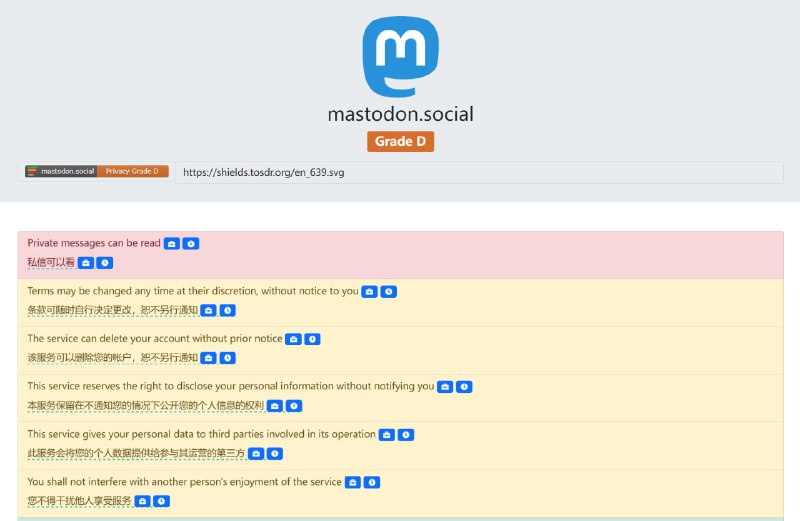 唯一一个 mastodon 实例的评级. #吐槽