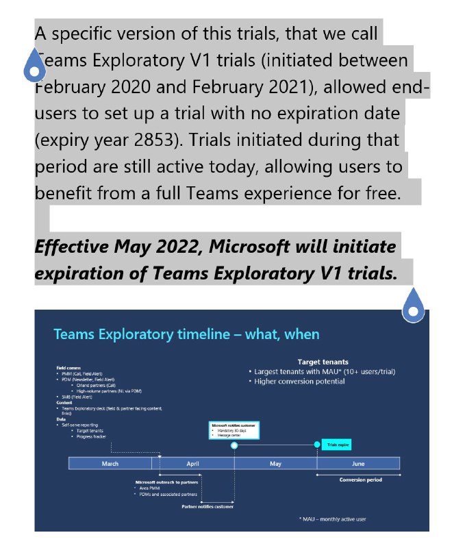 A specific version of this trials, that we call Teams Exploratory V1 trials (initiated between February 2020 and February 2021), allowed end-users to set up a trial with no expiration date (expiry year 2853). Trials initiated during that period are still active today, allowing users to benefit from a full Teams experience for free.  Effective May 2022, Microsoft will initiate expiration of Teams Exploratory V1 trials.这种试验的一个特定版本，我们称之为Teams探索性V1试验（在2020年2月和2021年2月之间启动），允许最终用户设置一个没有过期日期的试验（过期年份2853）