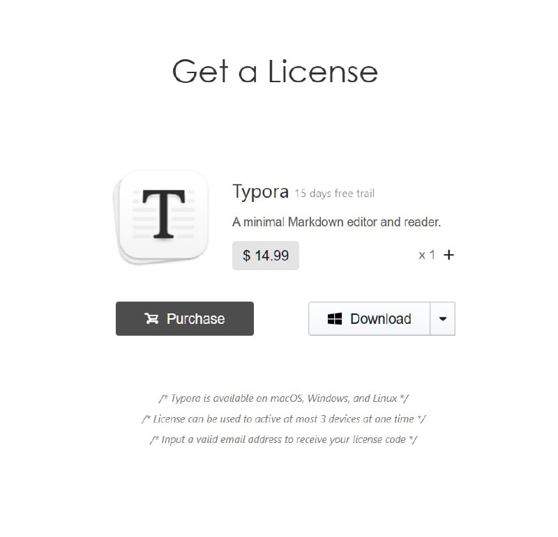 著名 Markdown 编辑器 Typora 发布 1.0 正式版并开启付费每一个许可证 14.99 美元, 支持最多三台设备上使用, 以电子邮箱加激活码形式验证付费; 1.0 正式版后可试用 15 天, 购买许可证后 30 天支持退款.就大版本更新是否需要重新购买页面上写道 