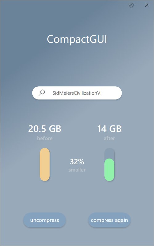 CompactGUI - 利用 Windows API 对文件夹进行透明压缩CompactGUI 透明地压缩您的游戏和程序，减少它们使用的空间而不影响它们的功能